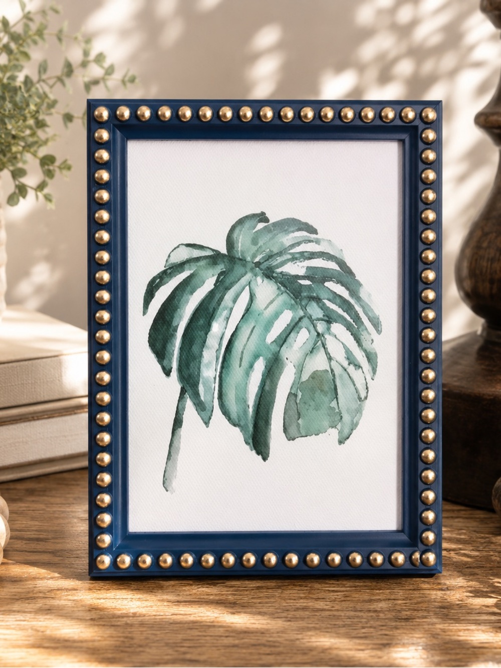 New Monstera Leaf Canvas Print in Embellished Navy-Blue Frame